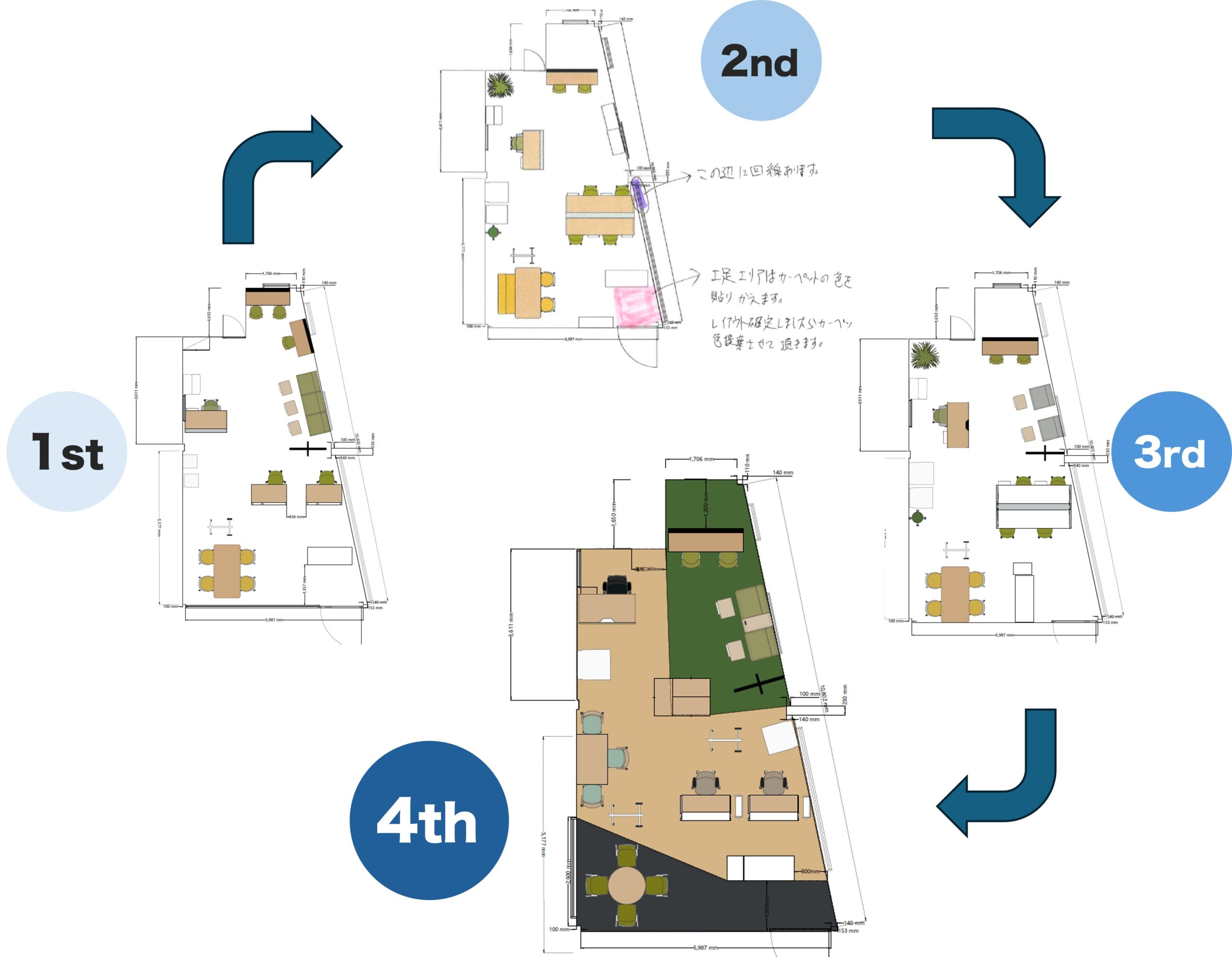 弊社のオフィスリニューアルのレイアウト設計図の遷移。一番下の図が最終形